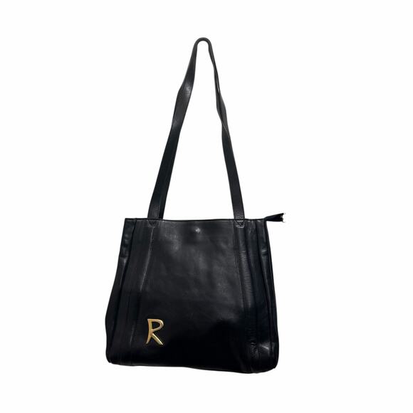 Italian Handmade Handbags - Italian Handmade Black Leather Tote Gold R Logo Shoulder Bag